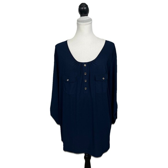 PerSeption Women Blouse Plus 3X Blue Roll Tab Sleeve Tunic Top Goldtone Buttons - Picture 9 of 9